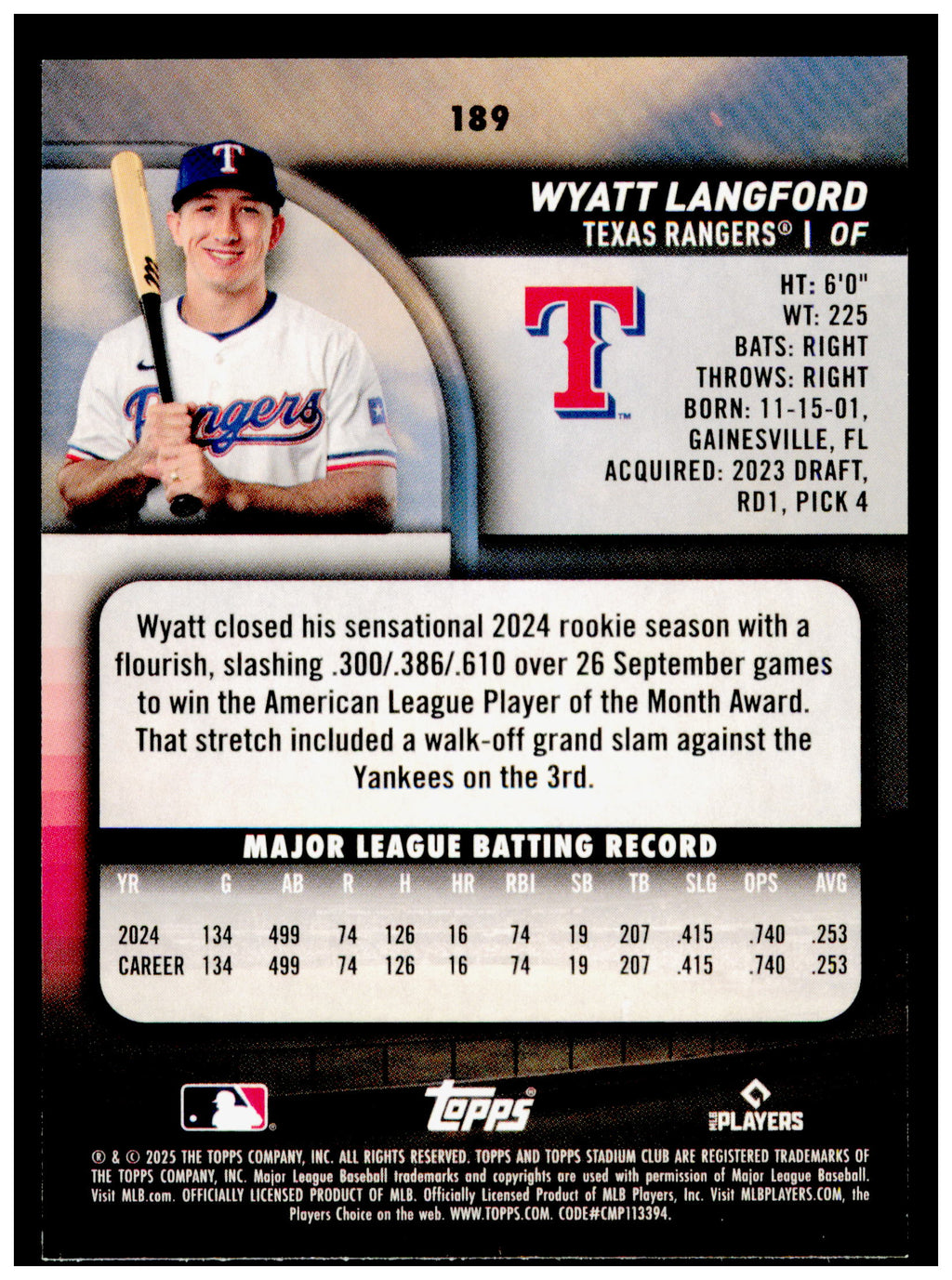 2025 Stadium Club Wyatt Langford Card Texas Rangers #189