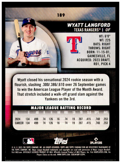 2025 Stadium Club Wyatt Langford Card Texas Rangers #189