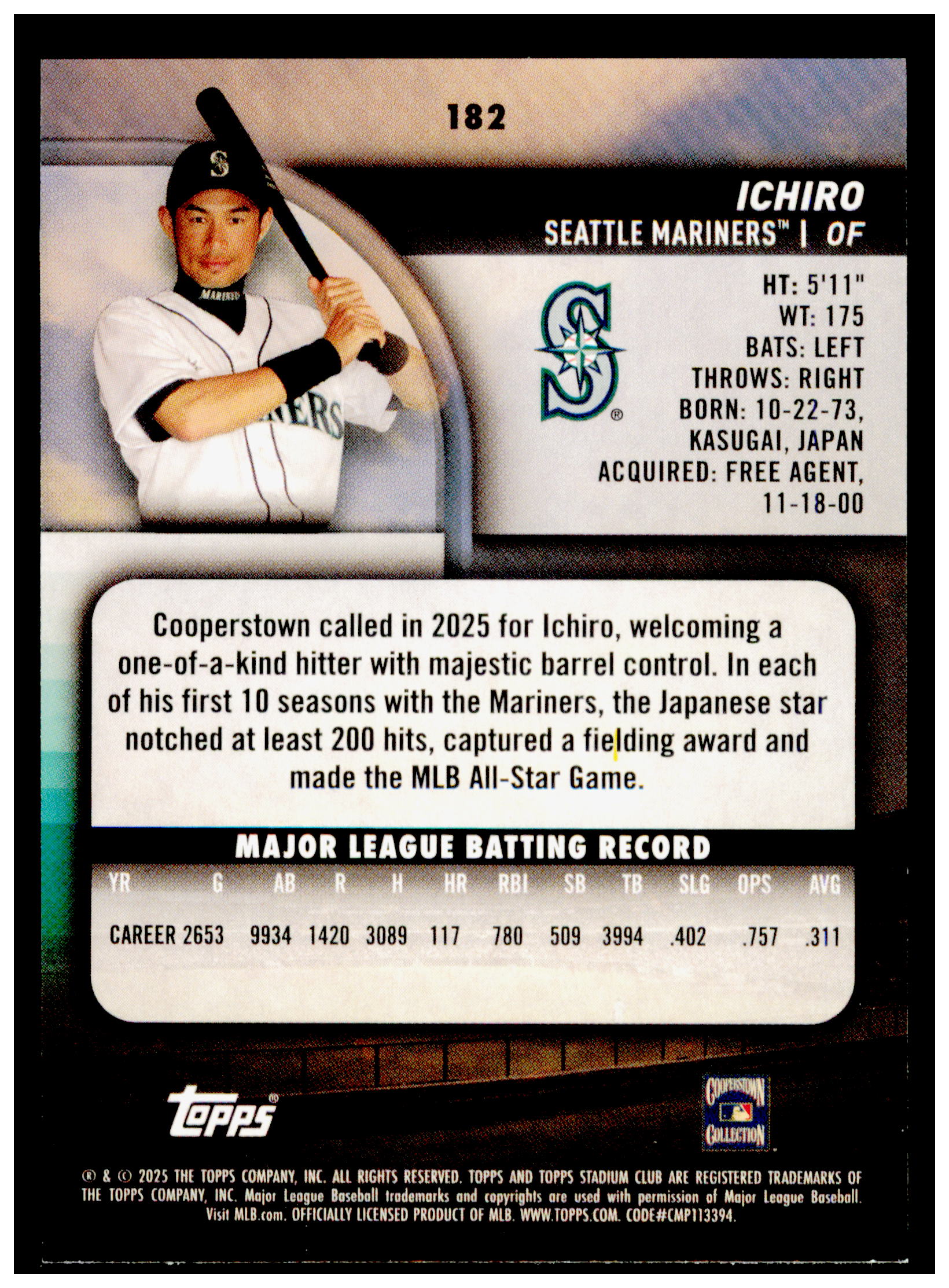 2025 Stadium Club Ichiro Card Seattle Mariners #182