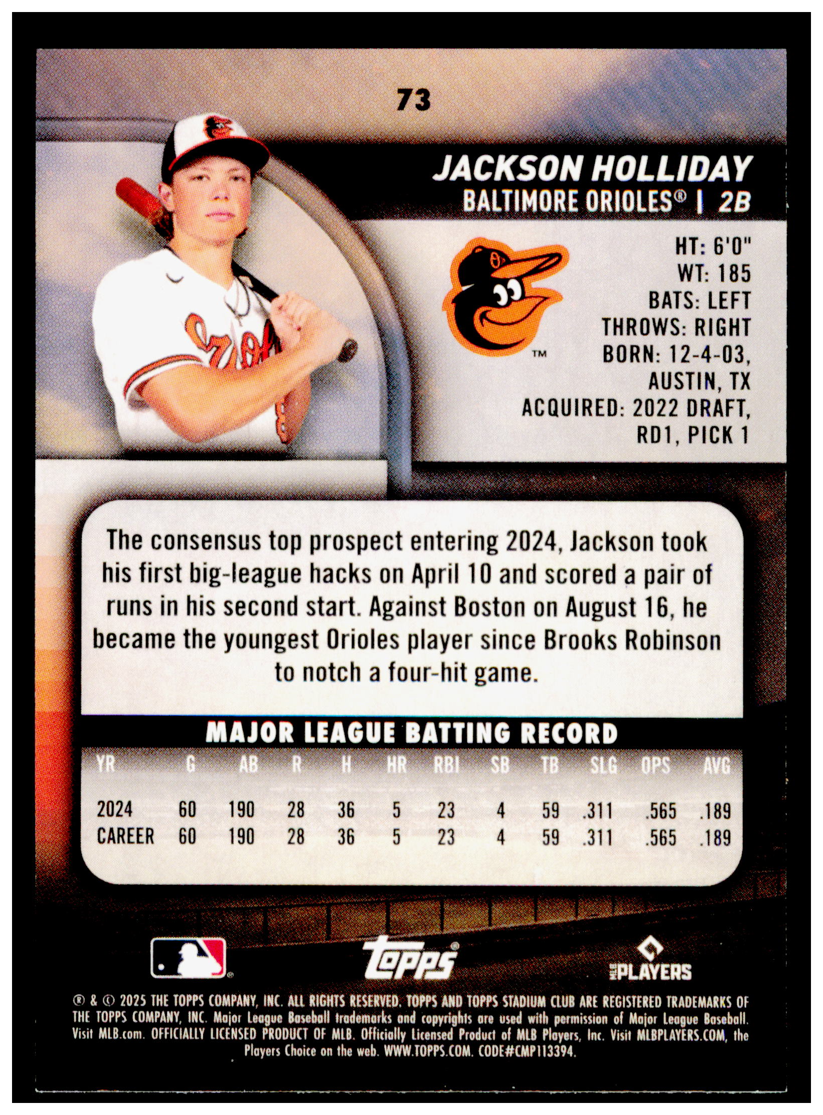 2025 Stadium Club Jackson Holliday Card Baltimore Orioles #73