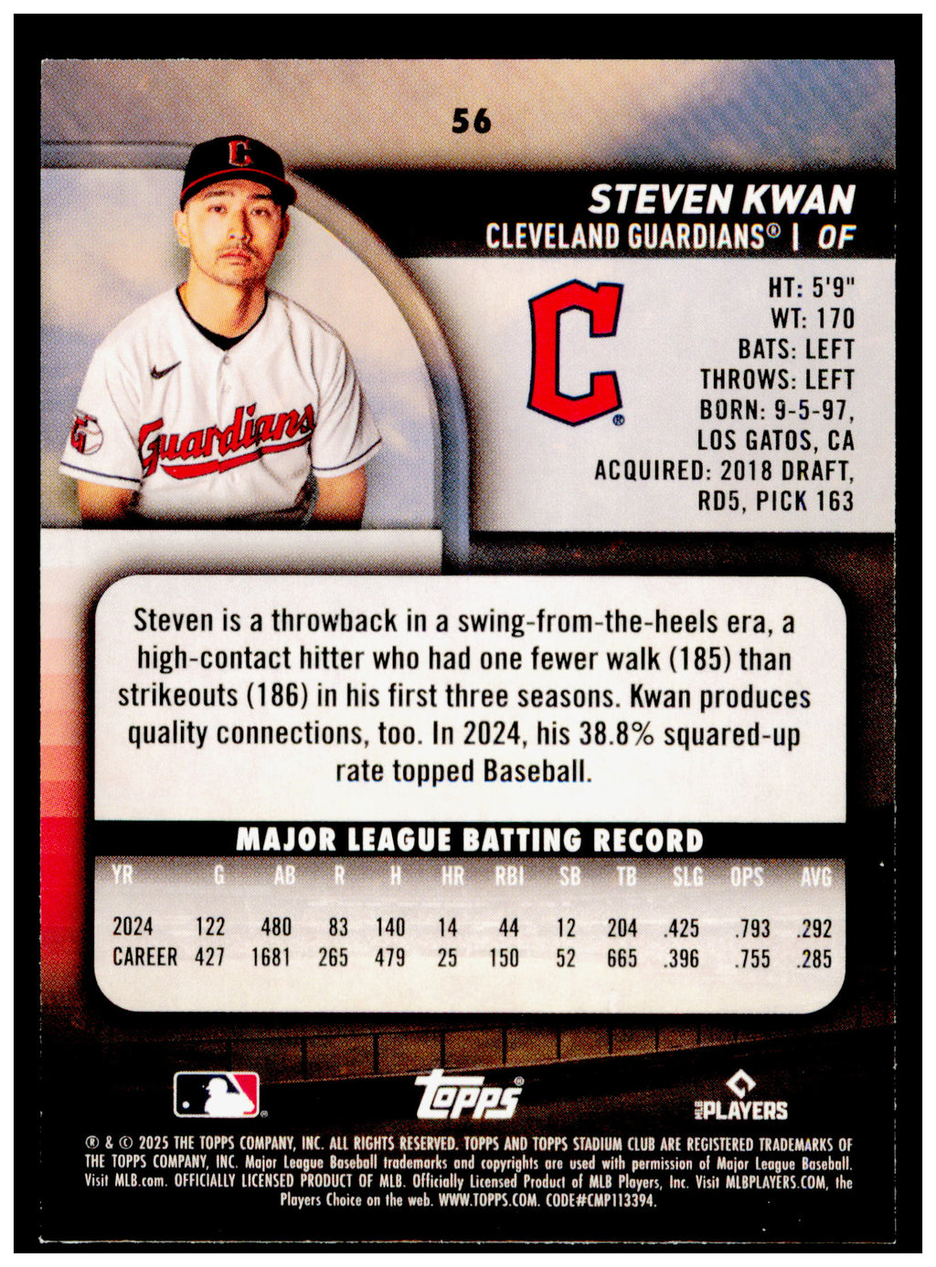 2025 Stadium Club Steven Kwan Card Members Only Cleveland Guardians #56