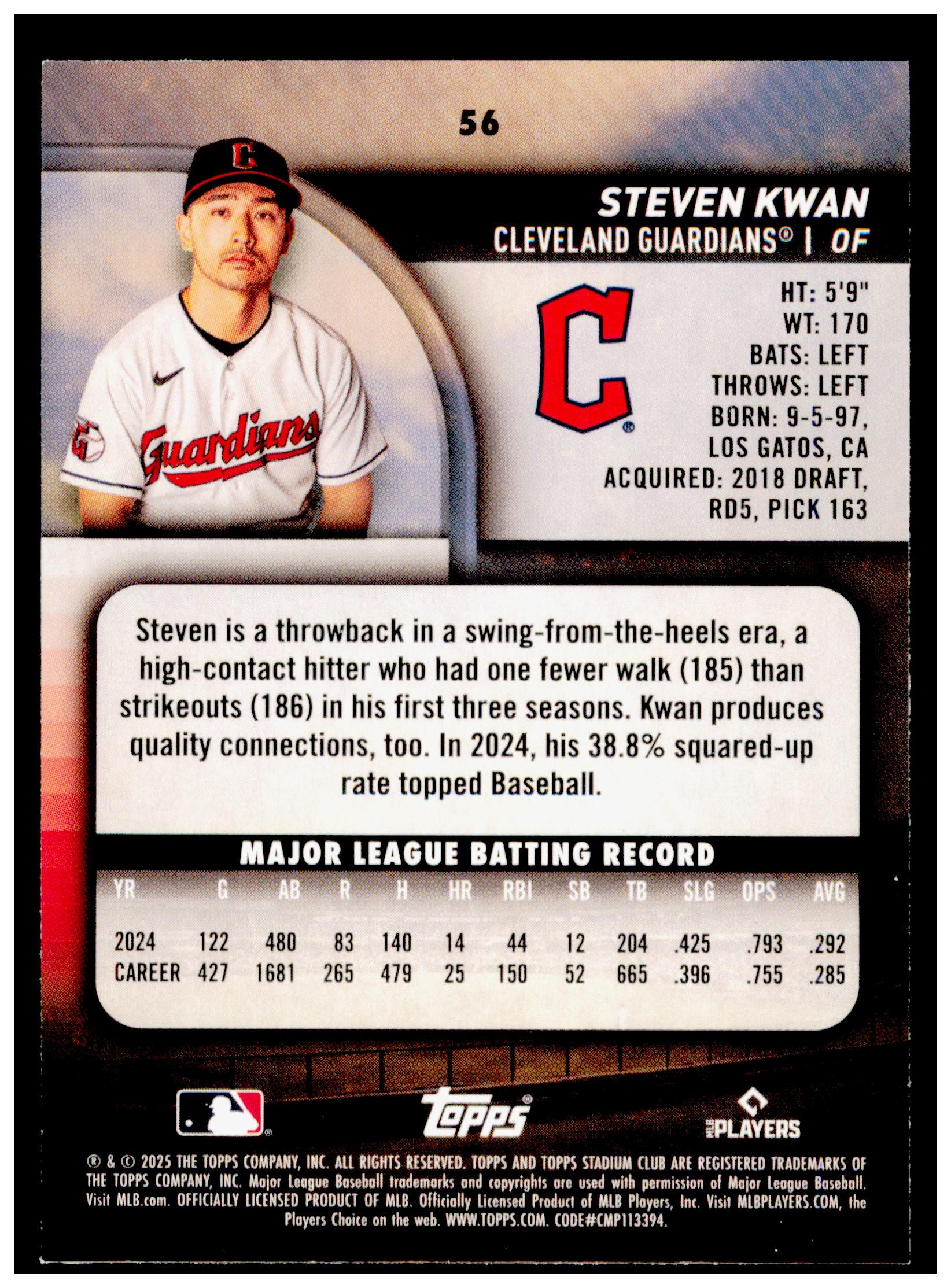 2025 Stadium Club Steven Kwan Card Members Only Cleveland Guardians #56