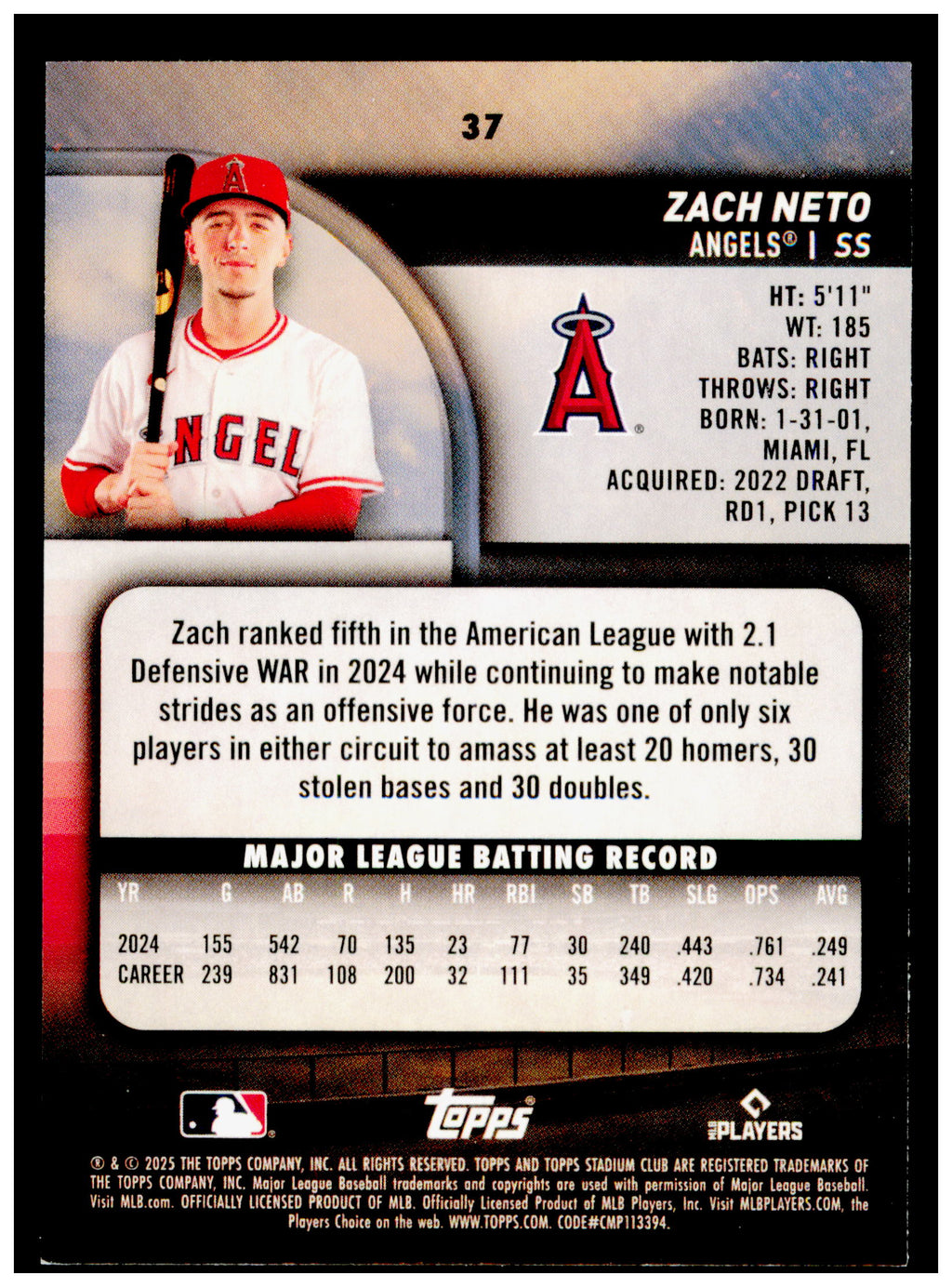 2025 Stadium Club Zach Neto Card Los Angeles Angels #37