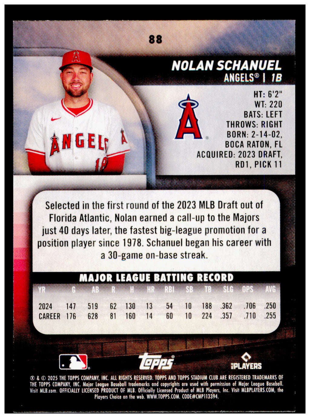 2025 Stadium Club Nolan Schanuel Card Los Angeles Angels #88