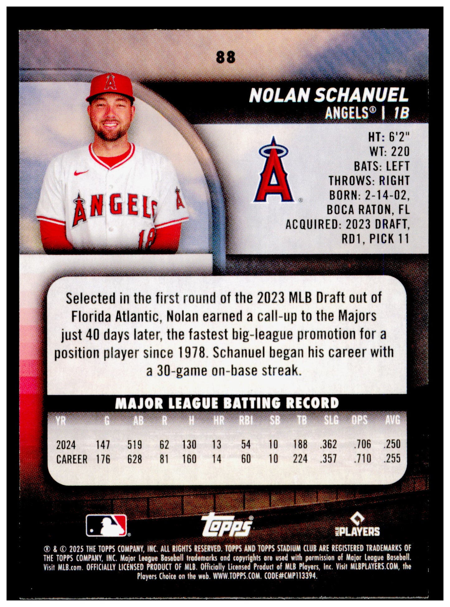 2025 Stadium Club Nolan Schanuel Card Los Angeles Angels #88