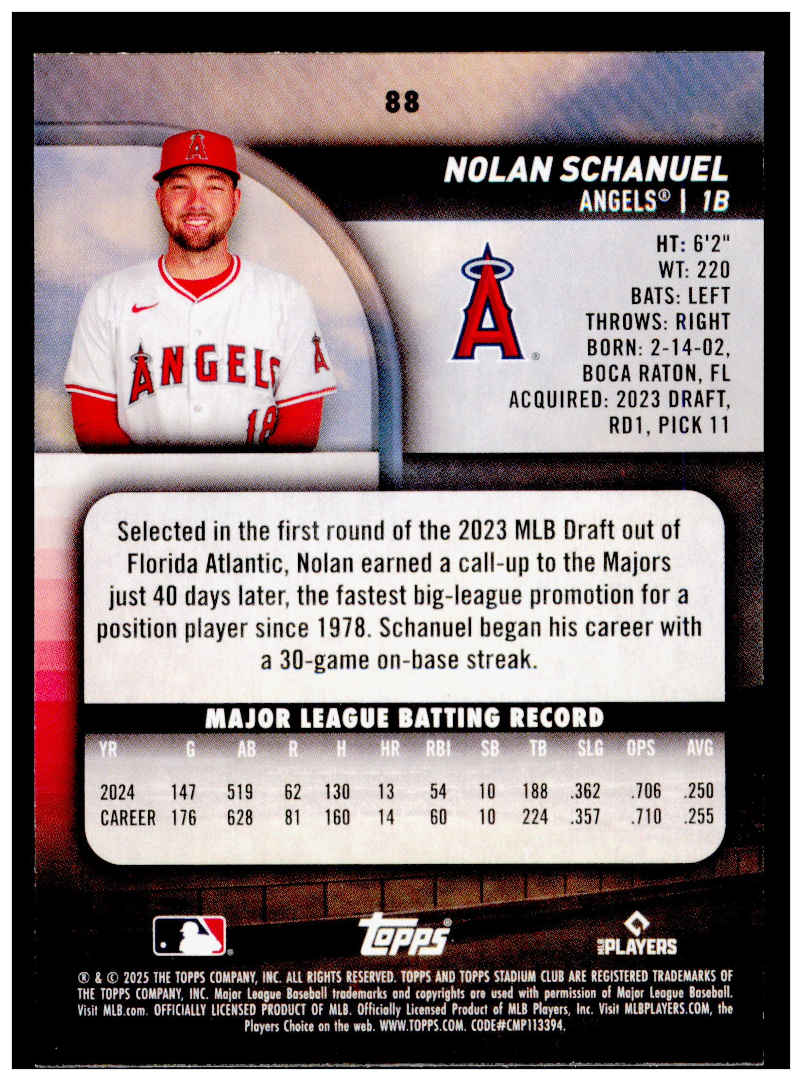 2025 Stadium Club Nolan Schanuel Card Los Angeles Angels #88