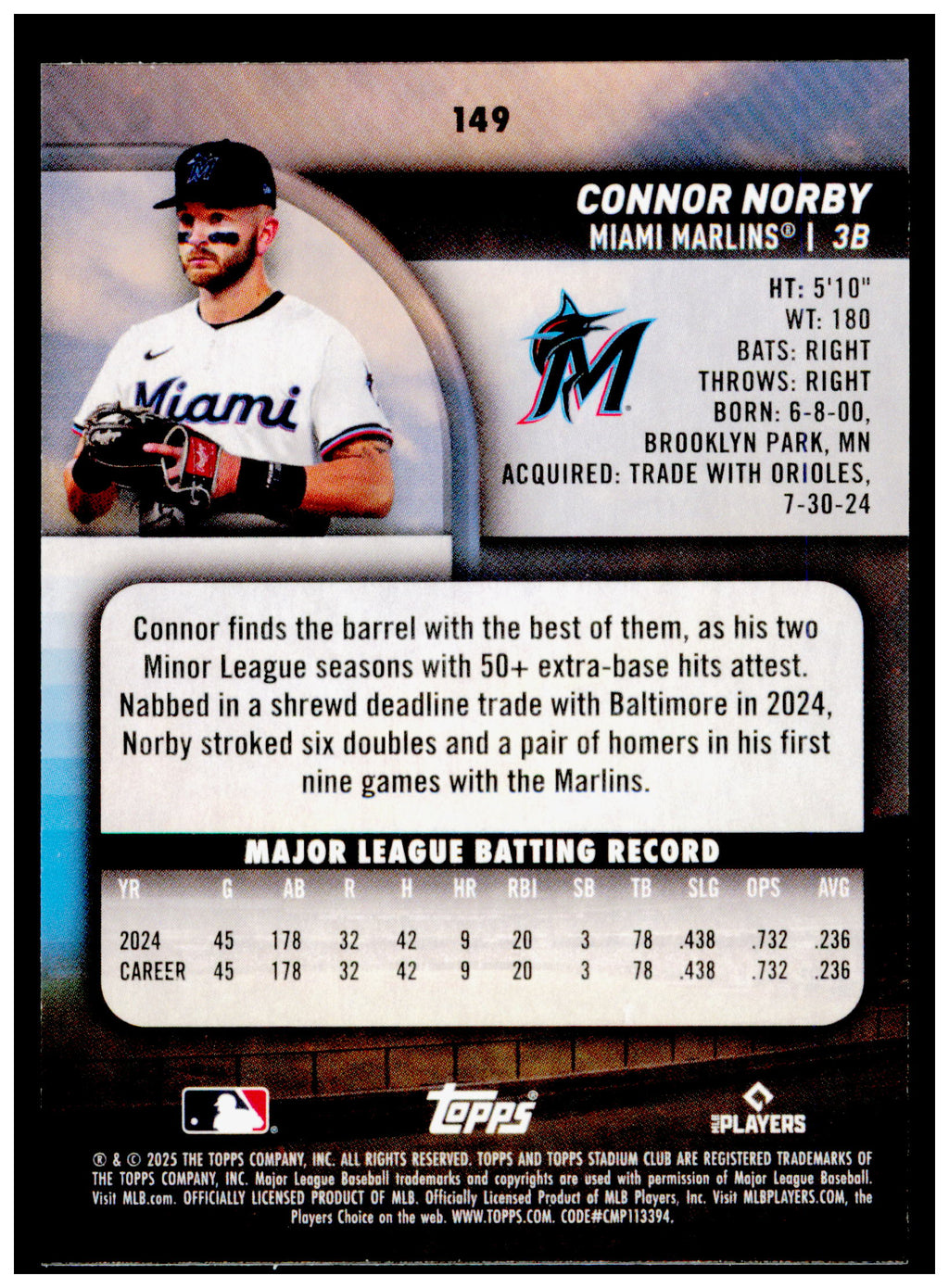 2025 Stadium Club Connor Norby Card RC Miami Marlins #149