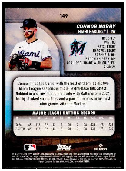 2025 Stadium Club Connor Norby Card RC Miami Marlins #149