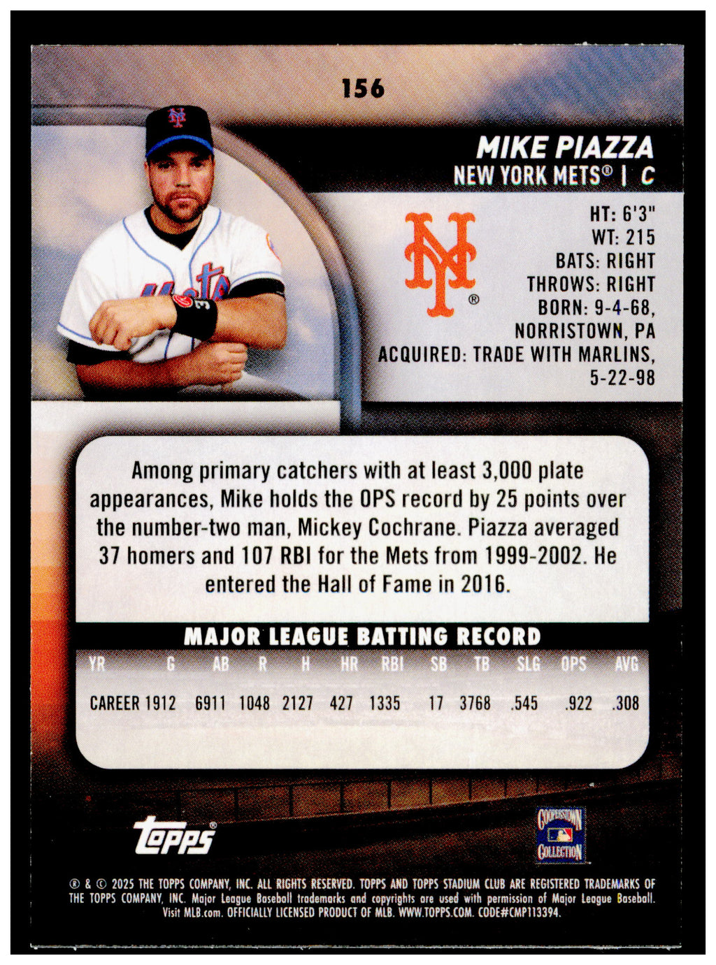 2021 Stadium Club Mike Piazza Card Red Foil New York Mets #154