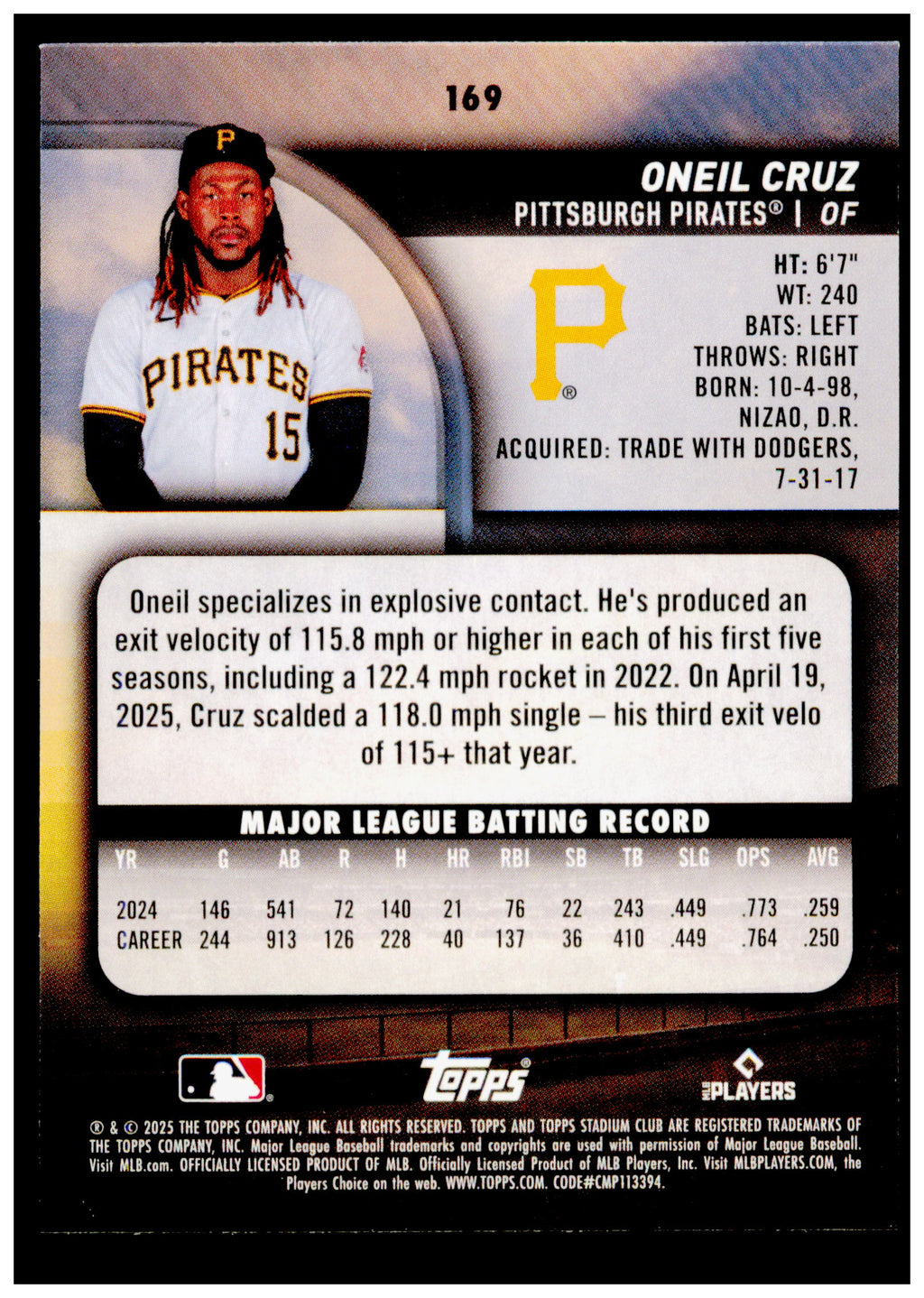2025 Stadium Club Oneil Cruz Card Pittsburgh Pirates #169