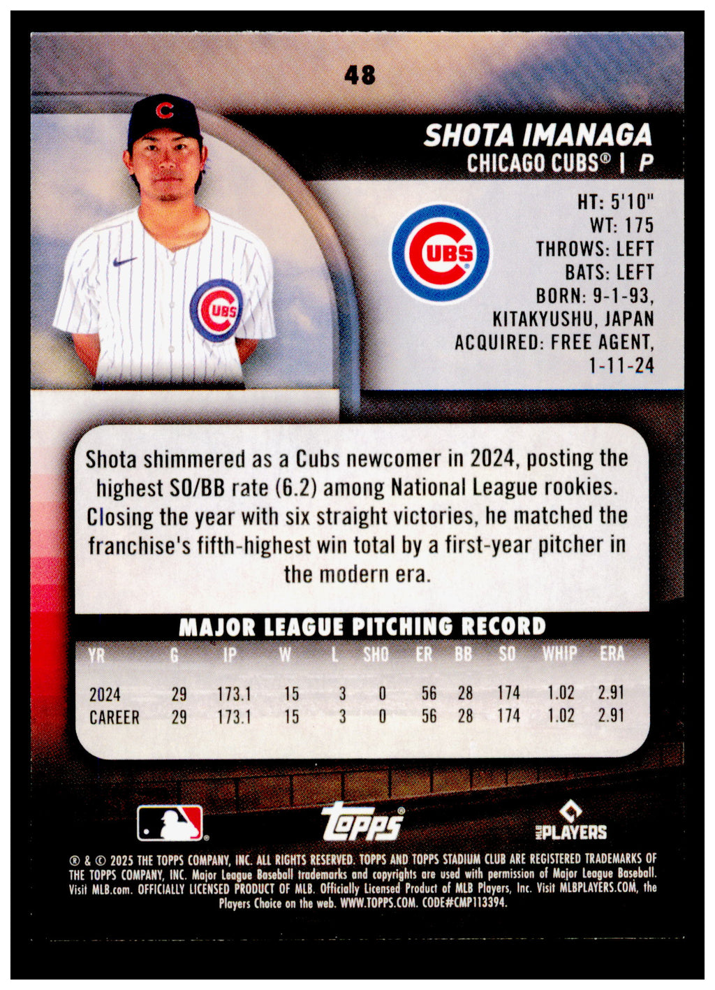 2025 Stadium Club Shota Imanaga Card Blue Foil Chicago Cubs #48