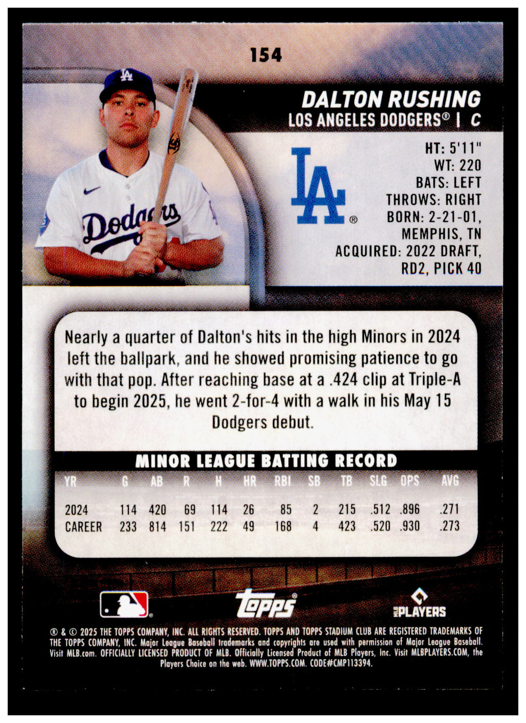 2025 Stadium Club Dalton Rushing Card RC Los Angeles Dodgers #154