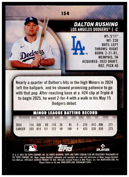 2025 Stadium Club Dalton Rushing Card RC Los Angeles Dodgers #154