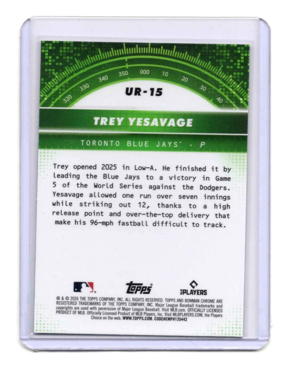 2026 Bowman Trey Yesavage Card Under the Radar Toronto Blue Jays #UR-15