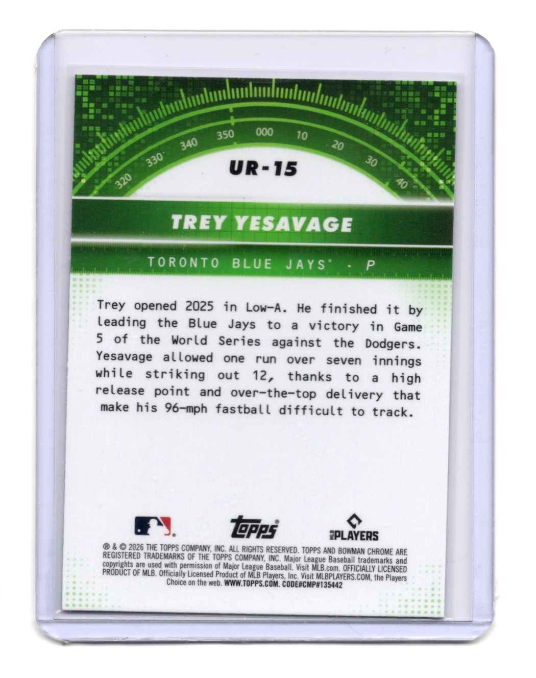 2026 Bowman Trey Yesavage Card Under the Radar Toronto Blue Jays #UR-15