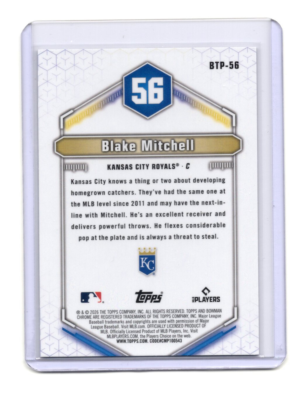 2026 Bowman Blake Mitchell Card Bowman Scouts' Top 100  Royals #BTP-56