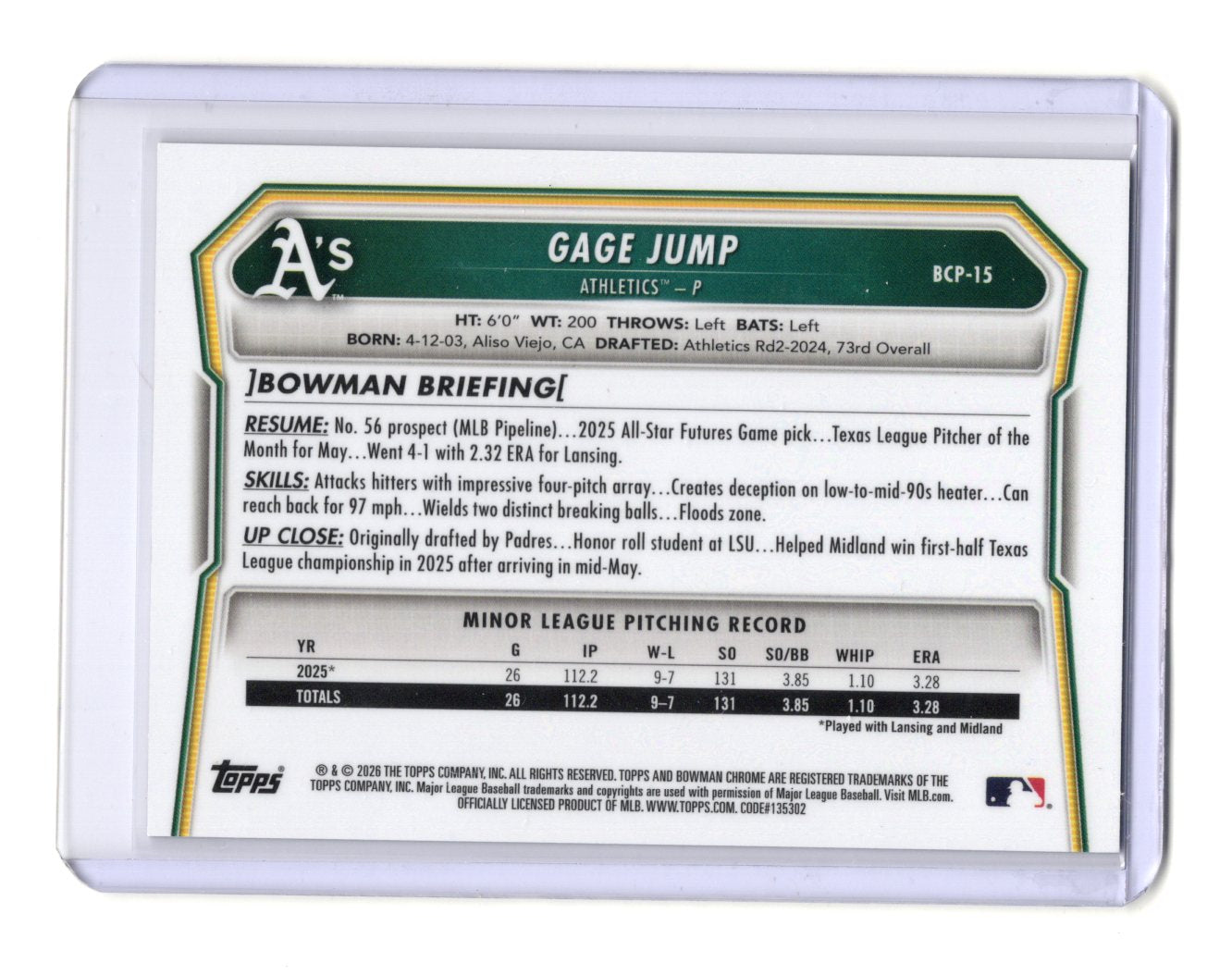 2026 Bowman Gage Jump Card Chrome Prospects Reptilian Refractor