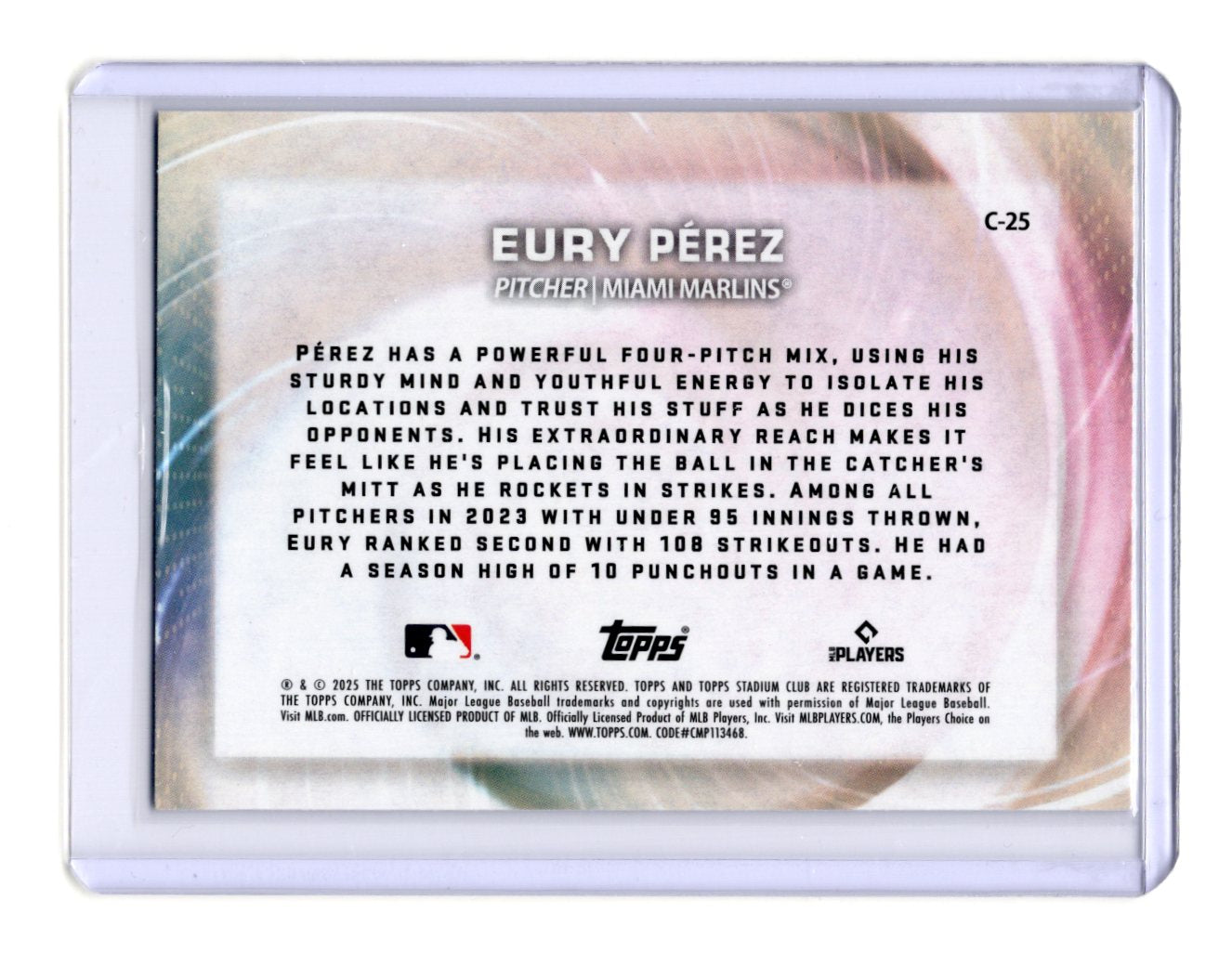 2025 Stadium Club Eury Pérez Card Concentration Miami Marlins #C-25