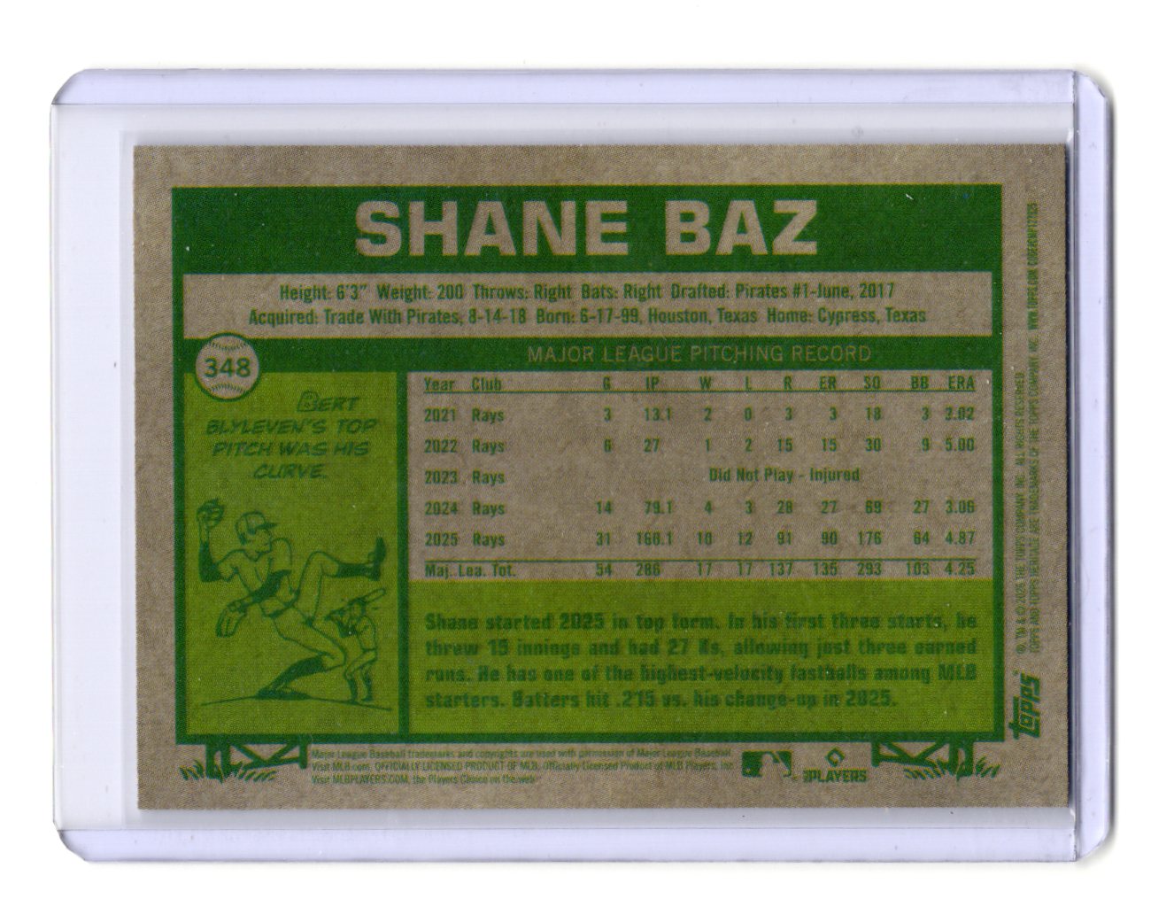 2026 Topps Heritage Shane Baz Card Glossy Tampa Bay Rays #348