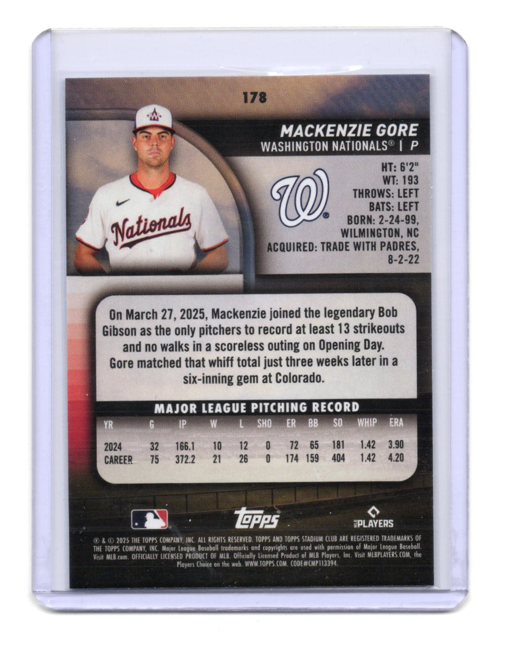 2025 Stadium Club Mackenzie Gore Card Light Blue Foil Washington Nationals #178