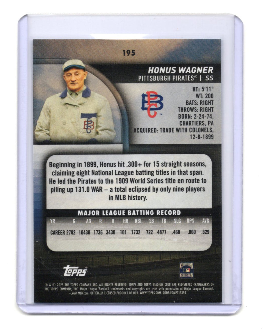 2025 Stadium Club Honus Wagner Card Light Blue Foil Pittsburgh Pirates #195