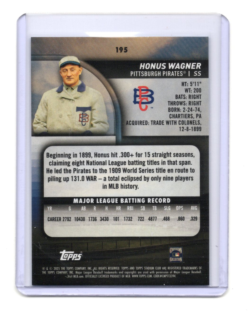 2025 Stadium Club Honus Wagner Card Light Blue Foil Pittsburgh Pirates #195