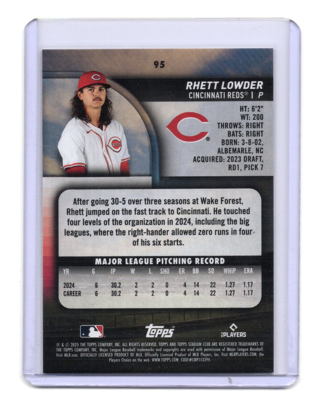 2025 Stadium Club Rhett Lowder Card Sepia RC Cincinnati Reds #95