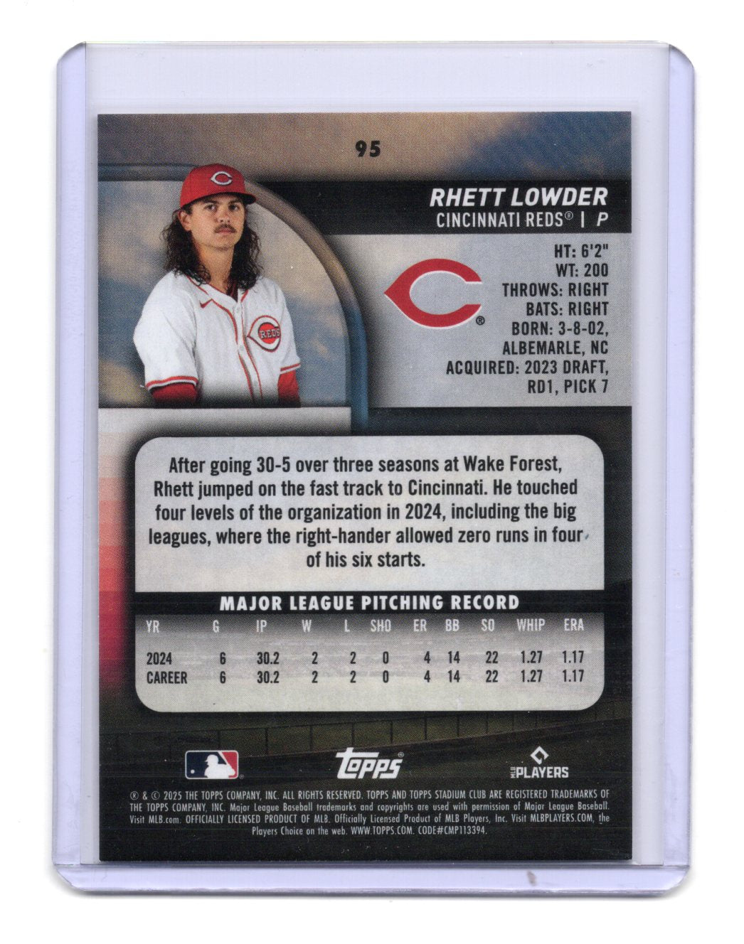 2025 Stadium Club Rhett Lowder Card Sepia RC Cincinnati Reds #95