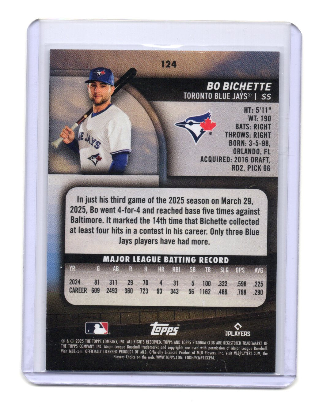 2025 Stadium Club Bo Bichette Card Light Blue Foil Toronto Blue Jays #124