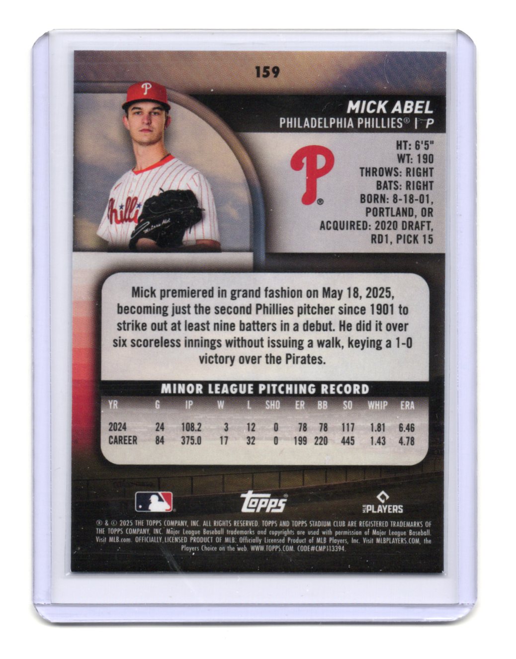 2025 Stadium Club Mick Abel Card Light Blue Foil RC Philadelphia Phillies #159