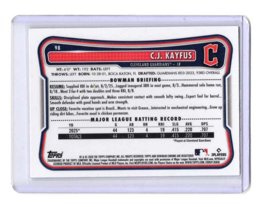 2026 Bowman Chrome C.J. Kayfus (card is chrome) RC #98 Guardians