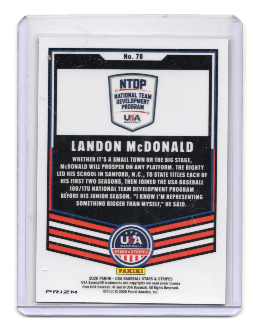 2026 Panini Stars & Stripes Prizm USA Baseball Landon McDonald Card Green #78