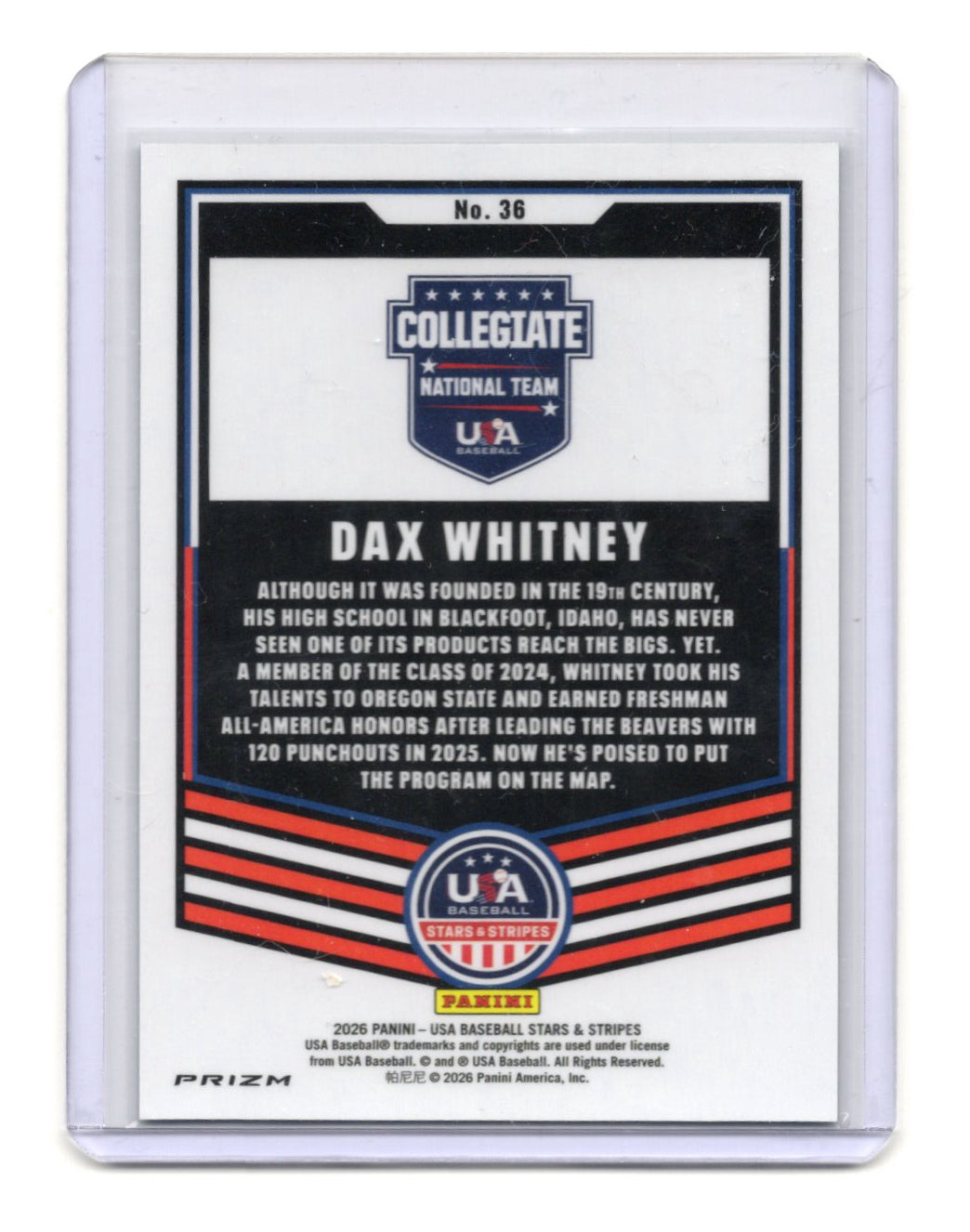 2026 Panini Stars & Stripes Prizm USA Baseball Dax Whitney Card Green