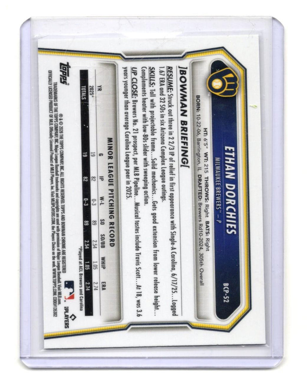 2026 Bowman Chrome Ethan Dorchies 1st Bowman Prospect #BCP-52 Brewers