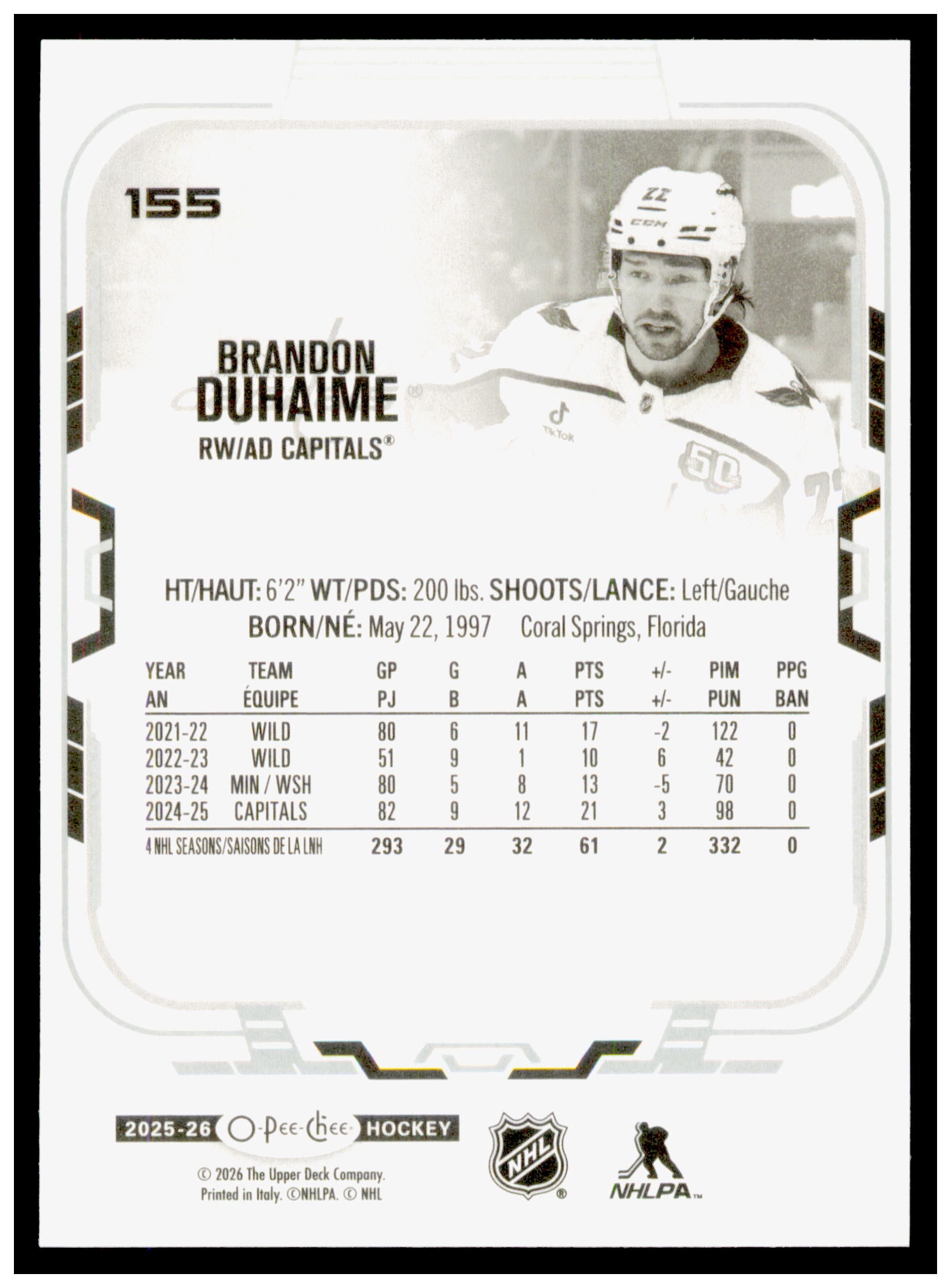 2025-26 O-Pee-Chee Brandon Duhaime Card Washington Capitals #155