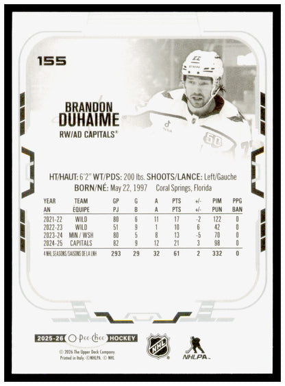 2025-26 O-Pee-Chee Brandon Duhaime Card Washington Capitals #155
