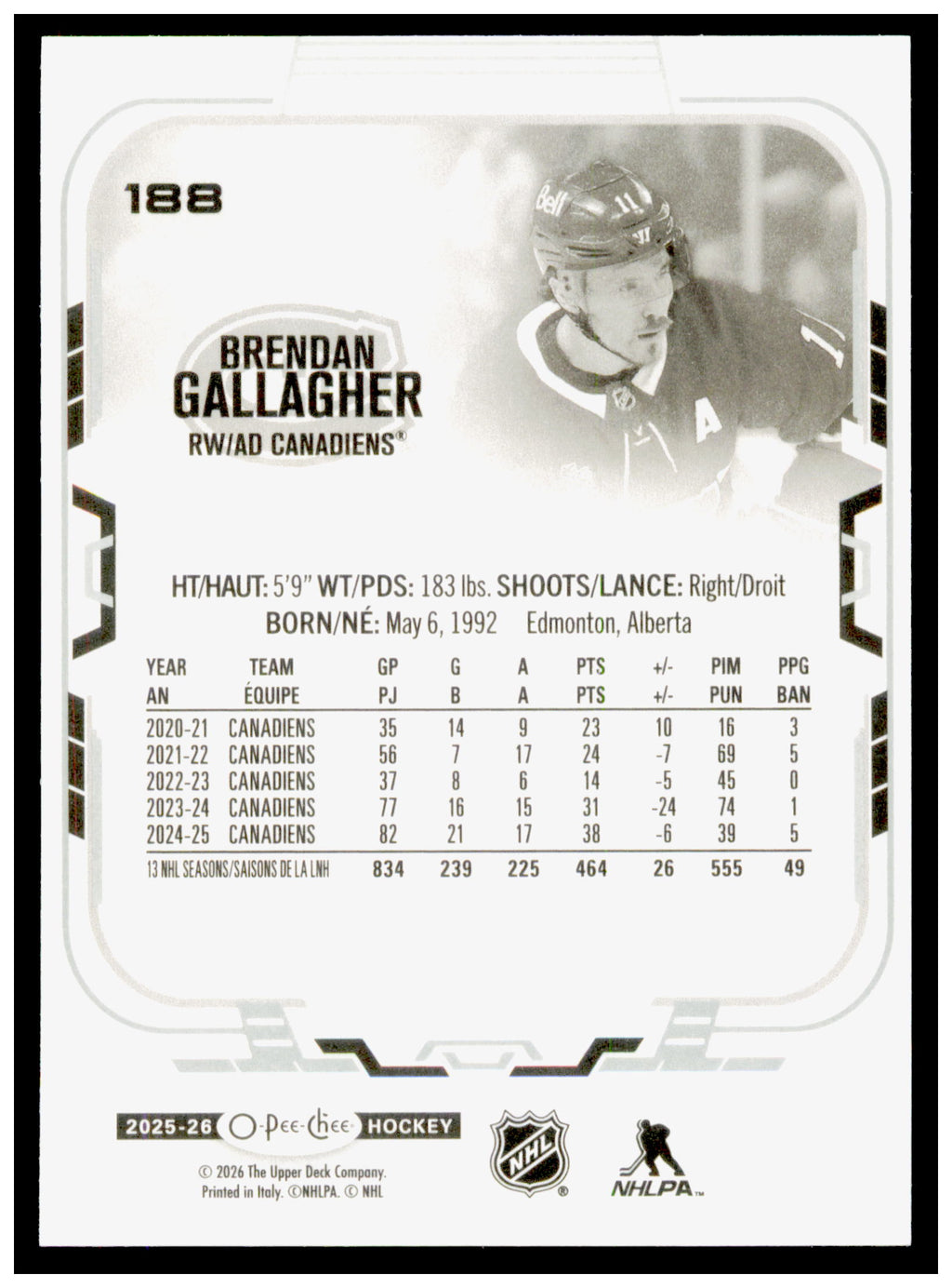 2025-26 O-Pee-Chee Brendan Gallagher Card Montreal Canadiens #188