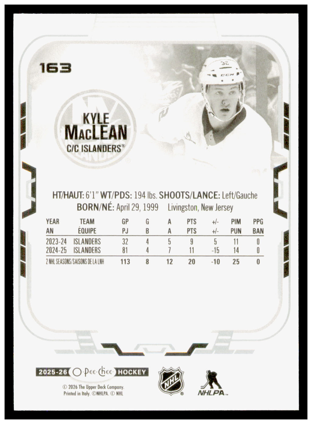 2025-26 O-Pee-Chee Kyle MacLean Card New York Islanders #163