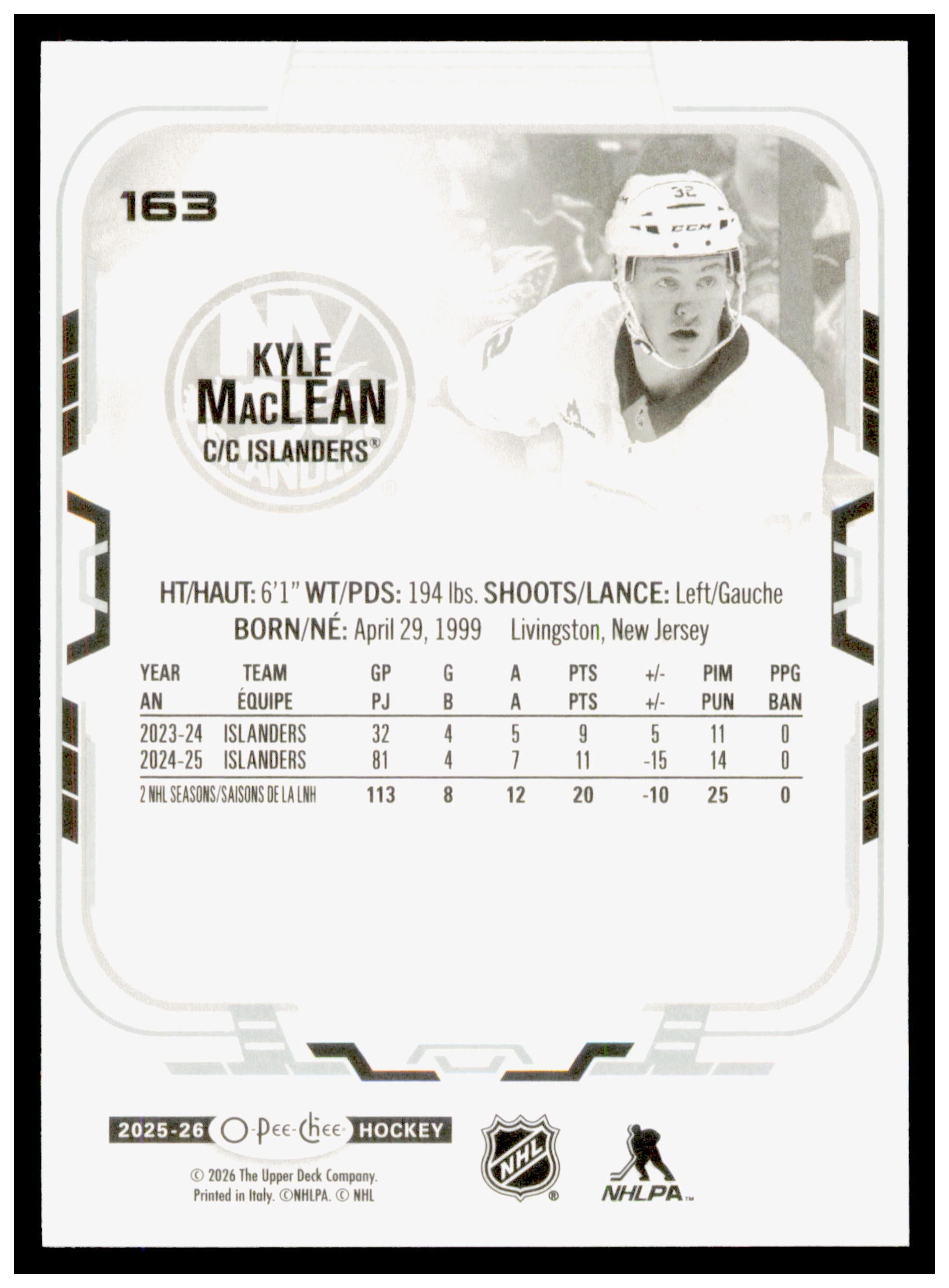 2025-26 O-Pee-Chee Kyle MacLean Card New York Islanders #163