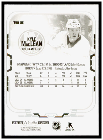 2025-26 O-Pee-Chee Kyle MacLean Card New York Islanders #163