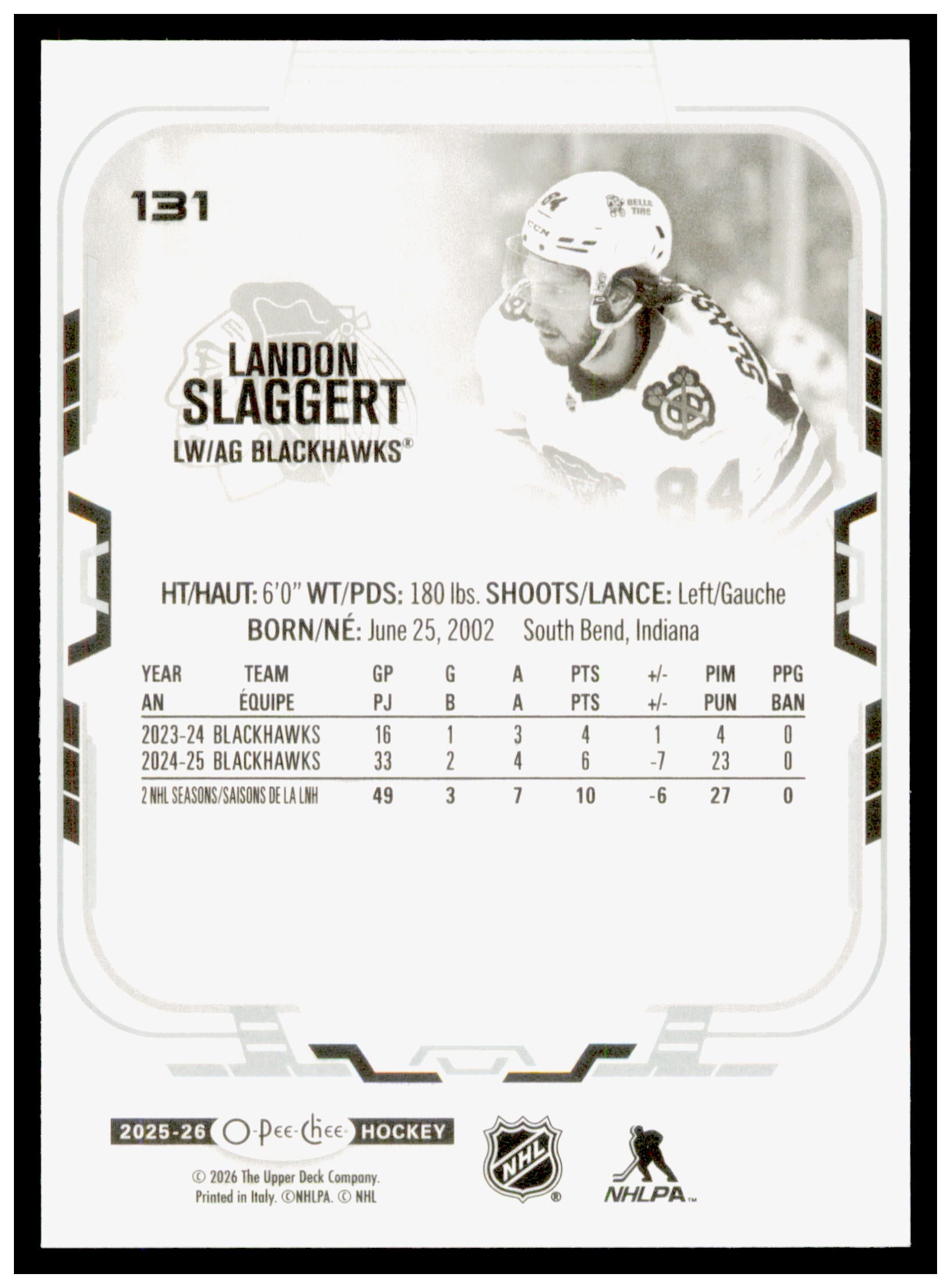 2025-26 O-Pee-Chee Landon Slaggert Card Chicago Blackhawks #131