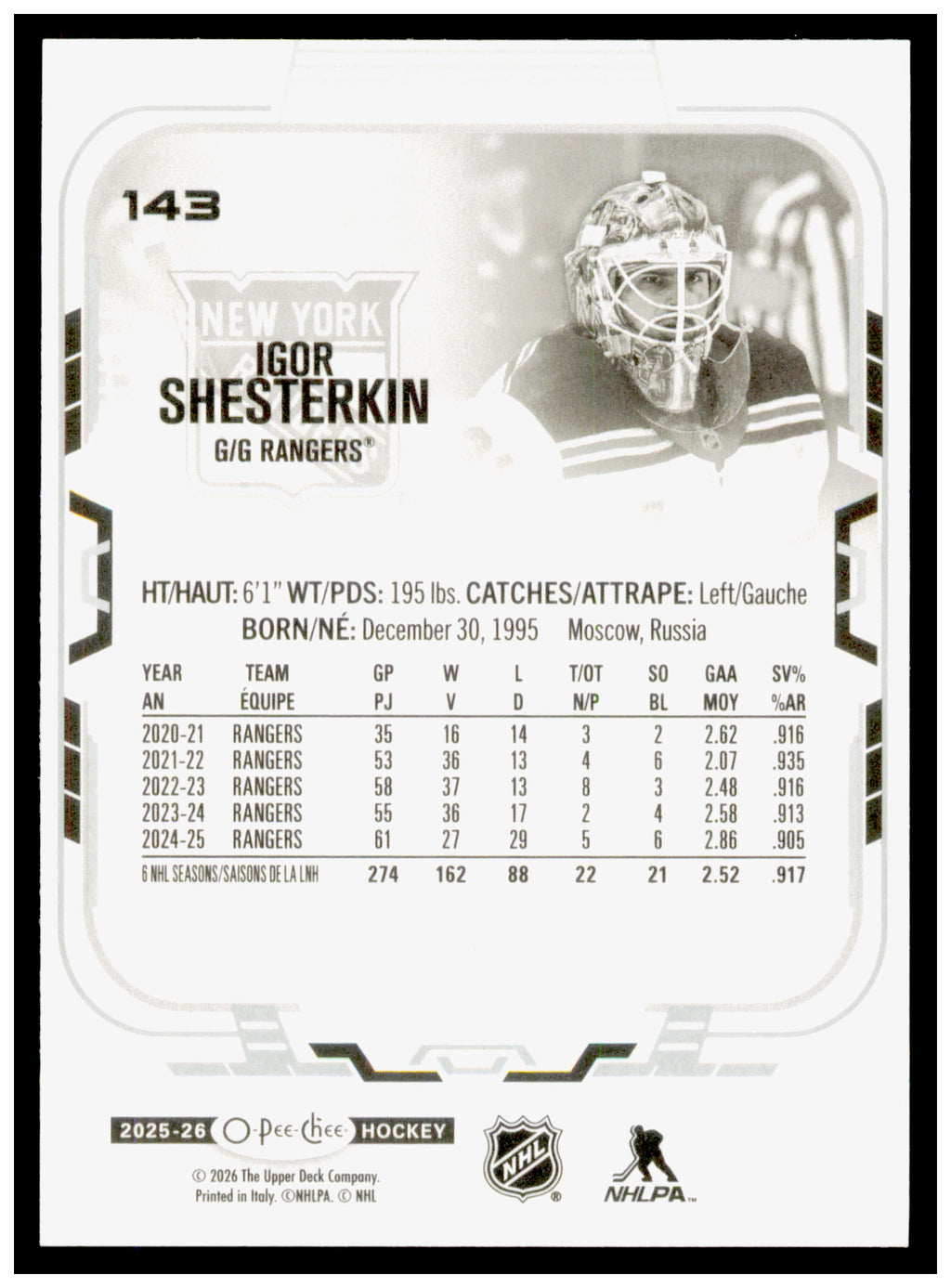 2025-26 O-Pee-Chee Igor Shesterkin Card New York Rangers #143