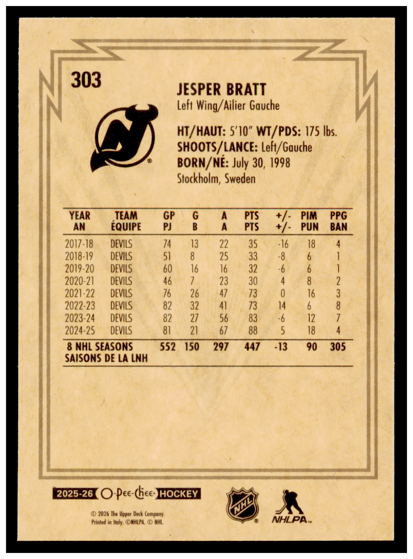 2025-26 O-Pee-Chee Jesper Bratt Card Retro New Jersey Devils #303