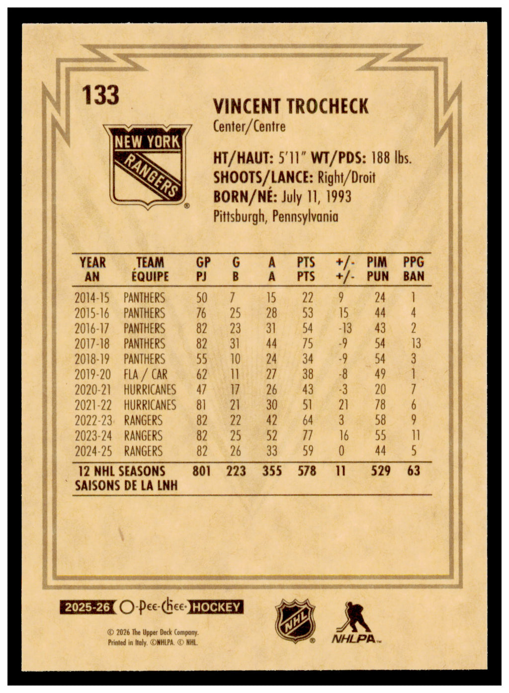 2025-26 O-Pee-Chee Vincent Trocheck Card Retro New York Rangers #133