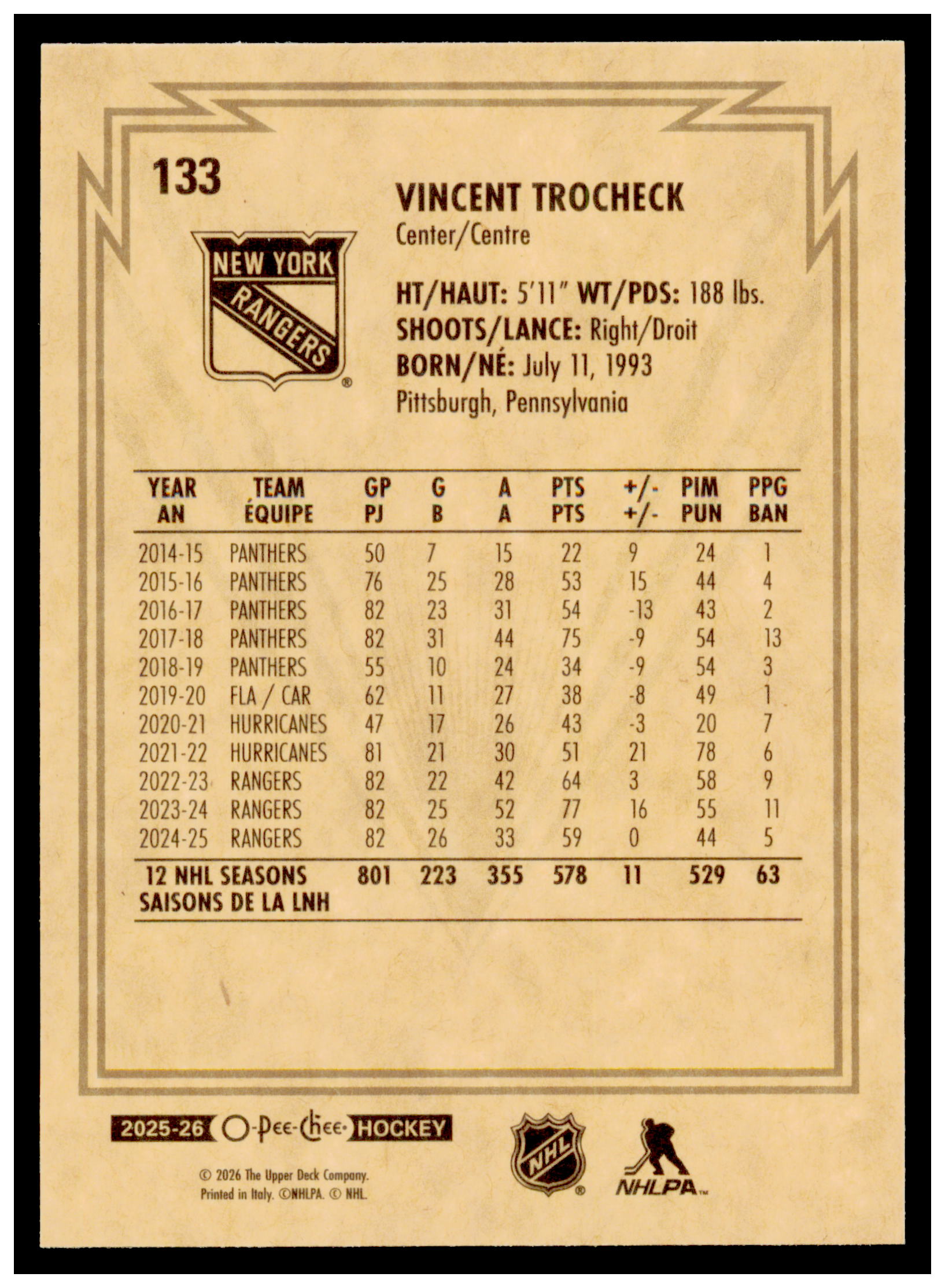 2025-26 O-Pee-Chee Vincent Trocheck Card Retro New York Rangers #133