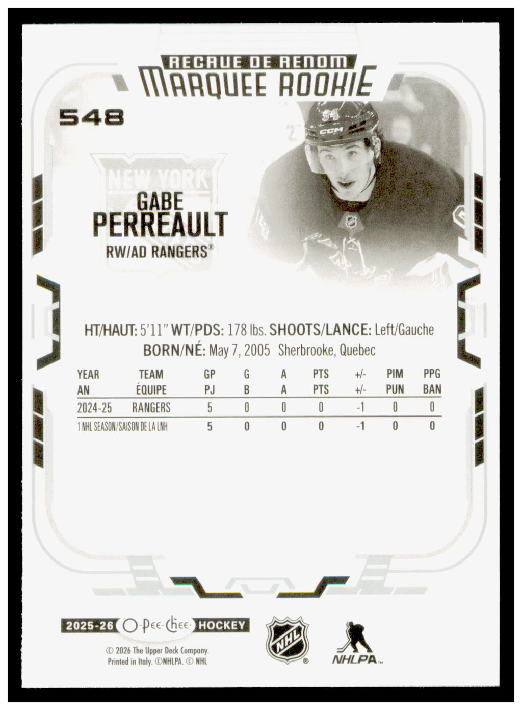 2025-26 O-Pee-Chee Gabe Perreault Card RC New York Rangers #548