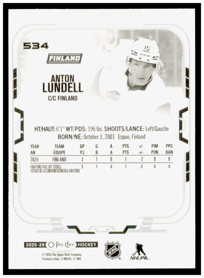 2025-26 O-Pee-Chee Anton Lundell Card Finland #534
