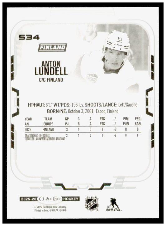 2025-26 O-Pee-Chee Anton Lundell Card Finland #534