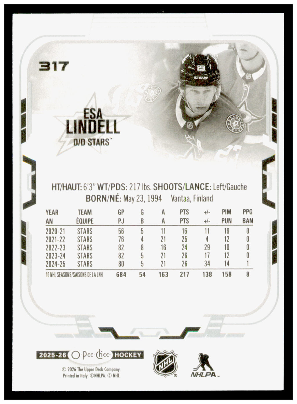 2025-26 O-Pee-Chee Esa Lindell Card Dallas Stars #317