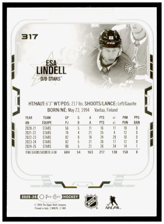 2025-26 O-Pee-Chee Esa Lindell Card Dallas Stars #317